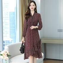 플라워 쉬폰 원피스 산들바람 나비 결 여자가을패션 하프기장 긴 소매 트렌드 2039474679