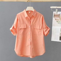 봄 여름 캐주얼 편한 반팔 차이나 코튼 린넨 셔츠 단색 면 소재 세련된 올 매치 용 오피스 블라우스