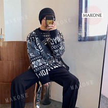 Makone 상표등록 남녀 공용 기하학 패턴 모헤어 오버핏 니트 스웨터 2컬러