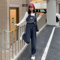 멜빵바지 치마바지 여성점프수트 아메리칸 핫걸 데님 와이드 팬츠 봄옷 2022 하이웨이스트 분할 다크 스트레이트 여 202 블루 상의 S