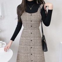 윈터 스퀘어넥 버튼 겉기모 모직 플레어 체크 뷔스티에 원피스