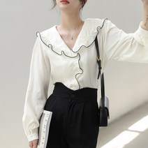 오버클래쓰 여성 카라넥 프릴 긴팔 블라우스 심플 벌룬소매 셔츠