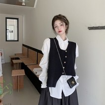 blackburn블랙 언발 베스트 나시 니트 가디건 여성 가을 스타일 루즈핏 베스트+셔츠1+1