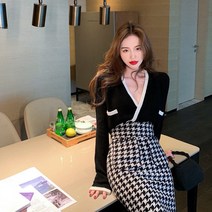 빅사이즈 코디세트 가을 니트 가디건 상의 여 프렌치 치조 체크 스커트 통통-102577