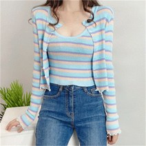[비위치] 캔디 단가라 골지 나시 물결 가디건 SET