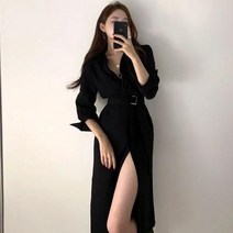 여성 봄 가을 하객룩 원피스 셔츠형 벨트 하객 롱원피스 결혼식 정장 트위드