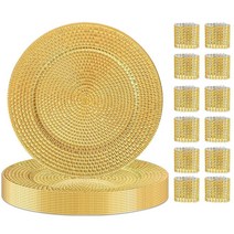 KesaPlan 골드 충전기 접시 12개 세트 냅킨 링 12팩 디너 플레이트용 32cm(12.6인치) 원형 충전기 결혼식 케이터링 연회 테이블 탑 장식용 플라스틱 서빙