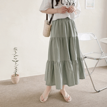 봄 밴딩 3단 캉캉 프릴 면 롱 스커트 Y331313K