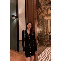 수입 발만 골드버튼 브이넥 슬림핏 니트 롱 원피스