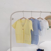 잘_키움 여아용 남아용 여름 옐로우 블루 체크 롱 가디건