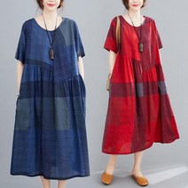 아사면 체크 원피스 40 50대 중년 여성의류 엄마옷 마담 빅사이즈 린넨 면 여름 편안한