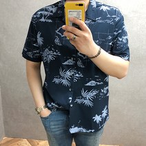 [바이훈] 남성 빅사이즈 네이비 야자 오픈카라 반팔셔츠