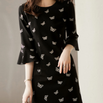 [최저가]단아한 나비패턴 나팔소매 미디원피스