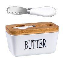 BUTTER BOX 대용량 600ML 도자기 버터 보관 용기+버터 나이프 세트, 화이트, 1개