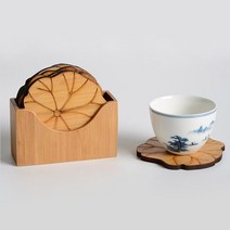 우드 컵받침 나무 티코스터 원목 찻받침 대나무 찻잔받침 티코스트, 연꽃 세트(코스터6P + 홀더)