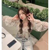 ROGBID 셔링 잔꽃 블라우스 봄신상 핫매니아 끈 조심기 오프숄더 긴팔 셔츠녀