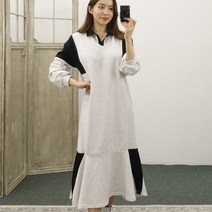 오픈카라 배색 머메이드 루즈핏 긴팔 롱원피스