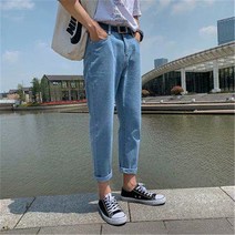 청바지 데님 여름 얇은 9부 데님 팬츠 남성 슬림핏 발한판 트렌드로 코디 연한 9부 캐주얼 팬츠