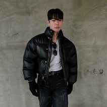 남자 레더 크롭 숏 패딩 점퍼 웰론 무광 가죽 남녀공용 블랙 척도