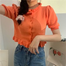 철 블라우스 슬림핏 물방울 반팔 목제 귓가 짧은 니트 가디건