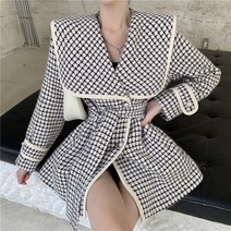 여성 하이 엔드 Houndstooth 모직 코트 품질의 옷깃 긴 소매 더블 브레스트 벨트 슬림 레이디 겨울