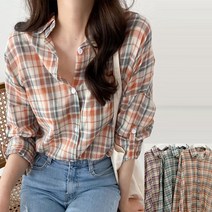 [프롬제니] ﻿여름 로이치 소매 롤업 셔츠 카라 체크 남방 루즈핏 여성 블라우스 오렌지 그린 민트 보라색 바이올렛 썸머 얇은 가벼운 롱