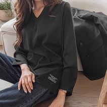 로로텐 골지 브이넥 긴팔 티셔츠 언발 스판 무지 여성 빅사이즈