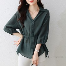 모아레코 다크올리브 허리 매듭 7부 블라우스