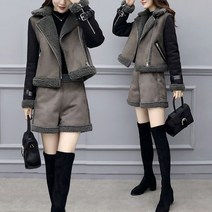 여성 겨울 패치워크 가죽 양털자켓 코트 반바지 빅사이즈 캐주얼세트