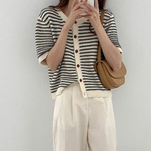 ZDD 사계절 여성 반팔 가디건 니트 숏 단가라 스트라이프 배색 슬림핏 데일리룩