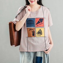 퀸하우스 패스트푸드 스트라이프 린넨반팔티