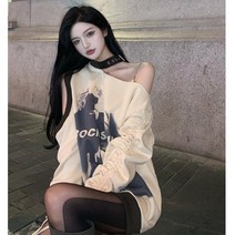 오프 숄더 랩 스타일 긴 셔츠 겨울 여성 후드 티 맨투맨 기모 오버핏 루즈핏 박스티 요즘 유행