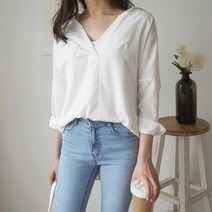 마롱패션 레이스 브이넥 셔츠 언발 브이 블라우스