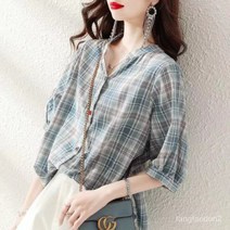 TANC 여성 반팔 면 체크 셔츠TANC