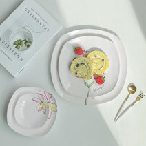 [RA†]감각적인 프린팅 사각쿠프 접시 머그컵 디저트식기 앞접시 브런치 신혼그릇 플레이팅 도자기 레이틸 한식기▨_ea, Ж 플레나 사각접시 7 2P