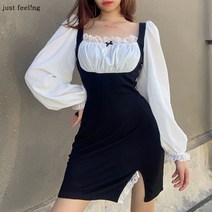 just feel!ng 여성용 앤티크 블랙 스퀘어 칼라 레이스 원피스 긴팔 스커트 가을 슬림 벌룬 시폰 패치 힙 트임 랩스커트 여성패션