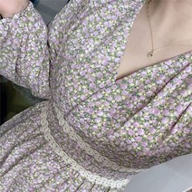 가을용 원피스 환절기 간절기 럭셔리 V 넥 미드 카프 모리 걸 스타일 프린트 드레스 엠파이어 슬림 플로럴 쉬폰 풀오버 여름 가을 여성 의류 그레이스 트렌드