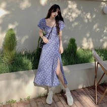 M-4XL 빅사이즈 꽃무늬 퍼플 보라 롱 맥시 88 원피스 여름 프렌치 옆트임 바캉스룩