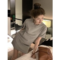 T셔츠 스커트 얇은 그레이 반소매 라운드넥 드레스 여성