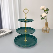 3단디저트트레이 3단 2단 접시 트레이 유럽식 플라스틱 다층 과일 거실 티테이블 캔디 프론트 세련된 케이크 과자 선반, 05 초록꽃잎삼중금왕관