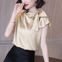 리본블라우스 우아한 빈티지 리본 새틴 반팔 셔츠 여성 패션 오피스룩 통근자 베이직 루즈핏 풀오버 블라우스