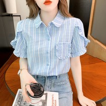 코카마니 여성 블루 체크 프릴 날개 소매 예쁜 반팔 블라우스
