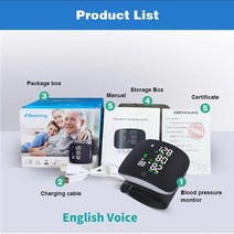 스마트 터치 LCD 스크린 손목 혈압 모니터 디지털 음성 충전식 자동 혈압계 심박수 혈압계, 영어 음성