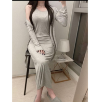 나인테일 여성 봄 여름 슬림핏 이지웨어 민소매 롱원피스 가딘건 로브세트3컬러 블랙 그레이 인디핑크