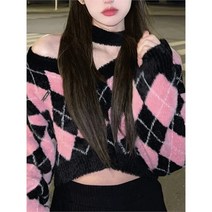 셀러허브 여성패션 아이디올 초커 아가일 브이넥 크롭 니트