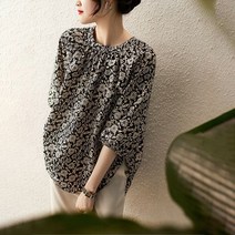 besteffie 여성 가을 블라우스 라운드넥 7부 퍼프 잔꽃패션 상의 레트로 셔링 롱 풀오버 봄 B21