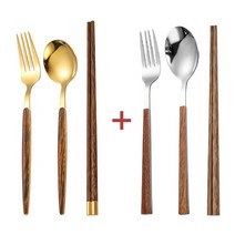 KORELAN 스테인레스 커트러리 세트 우드핸들 커트러리 2인세트, 골드+실버