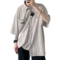 ANKRIC 아이스 실크 반팔 셔츠 남성 여름 트렌드 스트라이프 반팔 셔츠 느슨한 얇은 일본 얇은 코트 셔츠