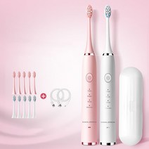 스마트 음파 전동칫솔2P + 교체형 칫솔모10P 커플 세트, 화이트+핑크+칫솔모10P