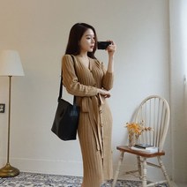 [당일배송특가] 단추 롱 골지 허리끈 니트 원피스